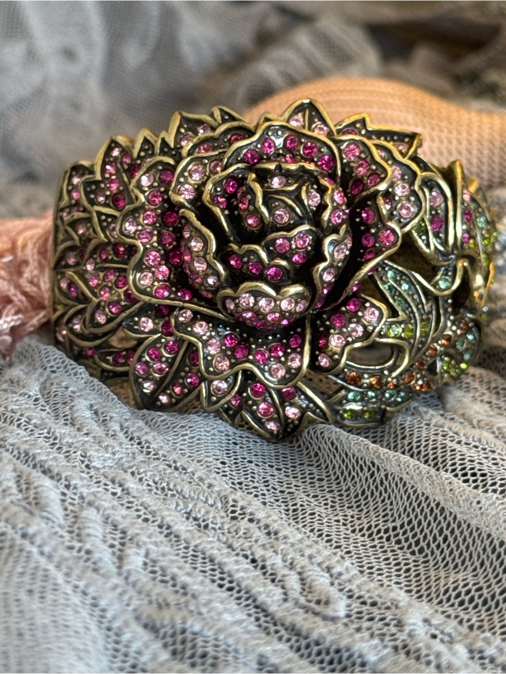Heidi Daus Pink & Green Crystal Rose Clamper Bracelet